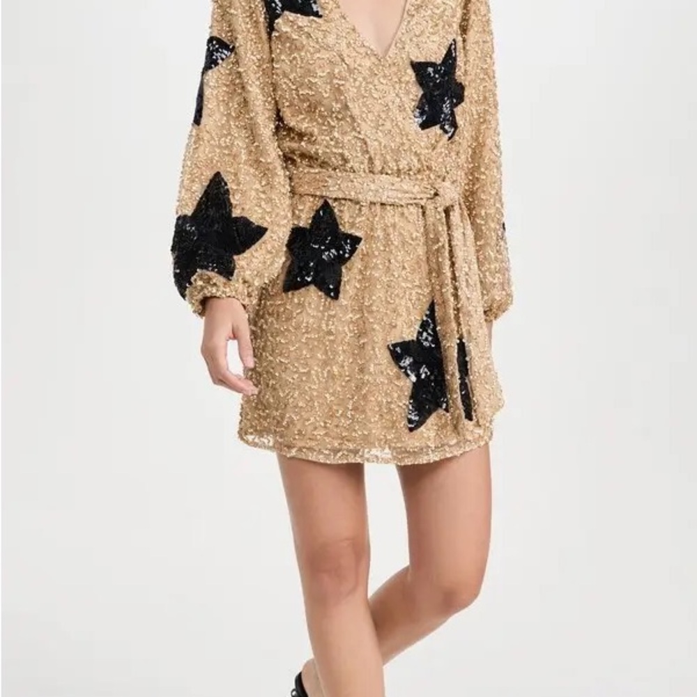 Show Me Your MuMu Gold Sequin Mini Dress with Black Star Appliqués
